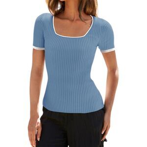 Zesica Rib Knit Sweater Square Neck Top Contrast Trim Blue S NWT